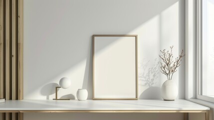 A minimalist desk setup with white walls and wooden accents. The desk highlights a blank picture frame and a small plant. Bright