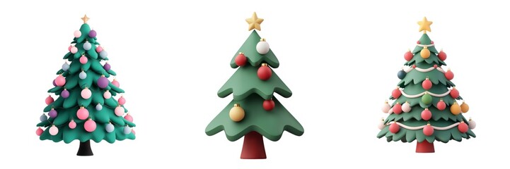 Three colorful, decorative Christmas trees with ornaments and stars, showcasing festive holiday spirit and seasonal charm.