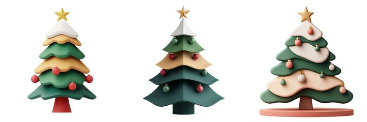 Fototapeta premium Three stylized Christmas trees adorned with colorful decorations and topped with stars, showcasing festive holiday spirit.