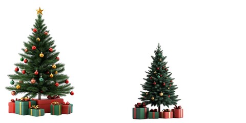Two decorated Christmas trees with colorful ornaments and presents beneath them, creating a festive holiday atmosphere.