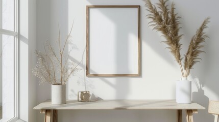 A minimalist desk setup with white walls and wooden accents. The desk highlights a blank picture frame and a small, stylish lamp. Bright