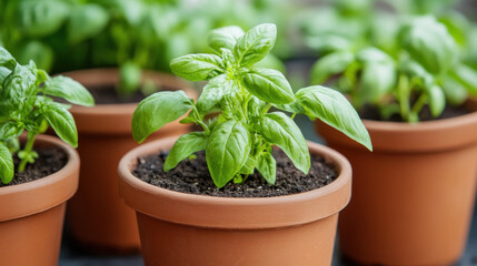 Obraz premium Nurturing greenery the art of growing fresh basil in clay pots for culinary delights and aromatic gardens