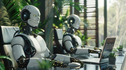 Fototapeta premium Robot humanoid working in modern office. Artificial intelligence concept. 3D Rendering