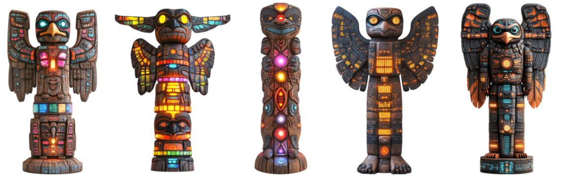 Colorful illuminated totem poles showcasing unique designs artistic expression transparent background