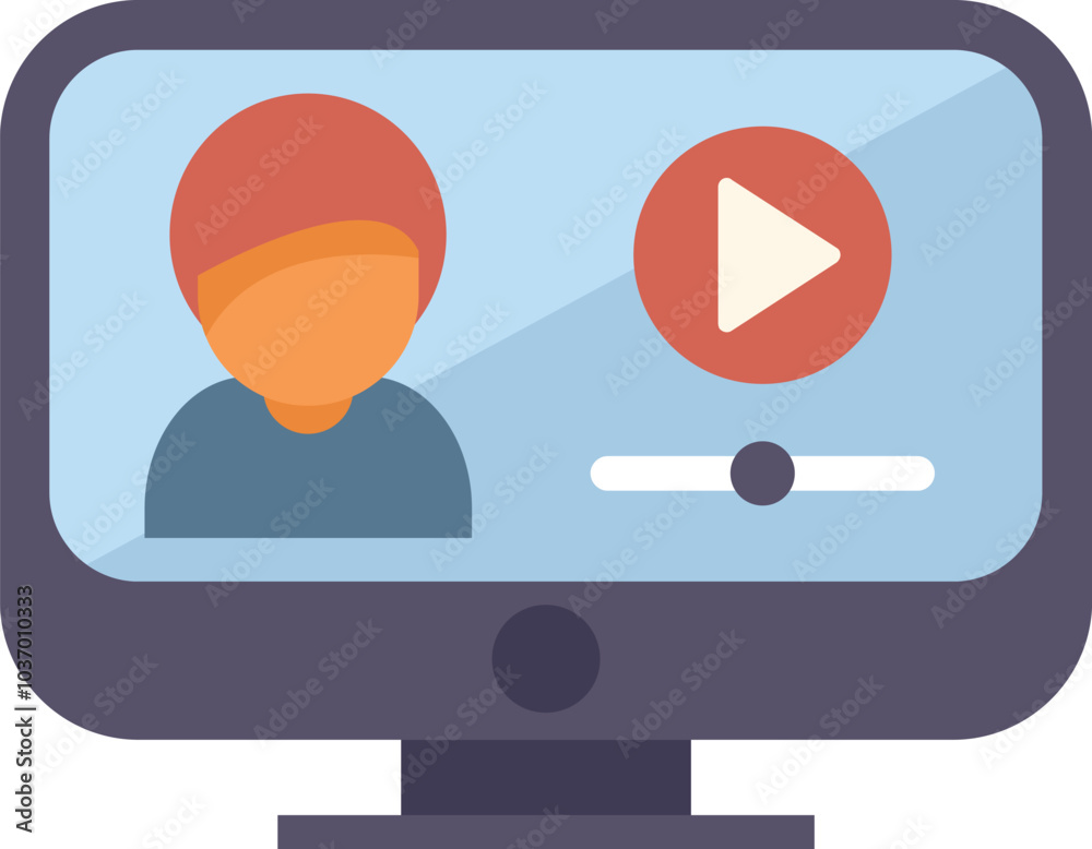 Poster computer screen showing a video player interface with a man on screen and a play button, a concept f