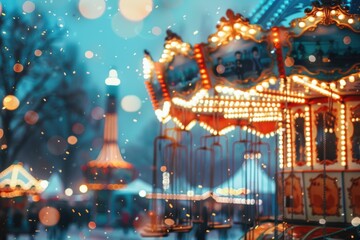 Festive abstract background with a cute Christmas amusement park, bokeh lights.