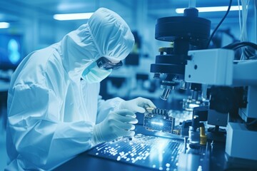 Research factory cleanroom engineer performing intricate tasks under controlled conditions in a laboratory setting with advanced equipment