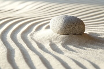A close-up of a zen sand garden with intricate raked patterns and a single smooth stone