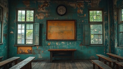 An abandoned classroom with peeling paint, wooden benches, and a clock on the wall.