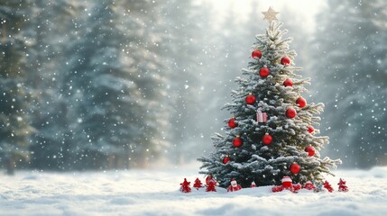 Obraz premium A snow-covered Christmas tree in a snowy forest with red ornaments and a star on top.