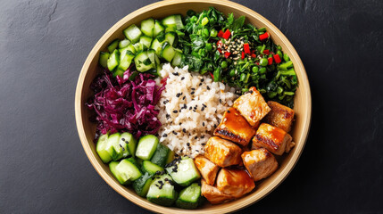 Delicious and colorful bowl of healthy ingredients featuring grilled chicken fresh vegetables and perfectly cooked rice for a nutrient-packed meal