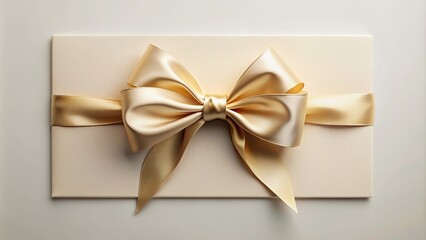 Fototapeta premium Elegant gift silk ribbon bow adorns a blank white piece of paper, isolated on a flat light background, providing ample copy space for gift certificates.