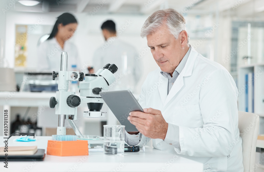 Poster mature man, scientist and tablet in laboratory for reading, study and thinking for innovation with m