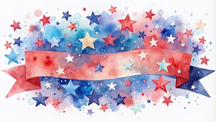 Obraz premium Vibrant watercolor banner with scattered stars and subtle texture, evoking nostalgia and patriotism, perfect for Independence Day, Memorial Day, or Fourth of July celebrations.