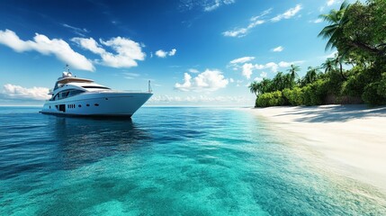 Obraz premium Luxury Yacht Escaping to Paradise: A Serene Getaway Amidst Crystal Clear Waters and Pristine Beaches Under a Beautiful Blue Sky