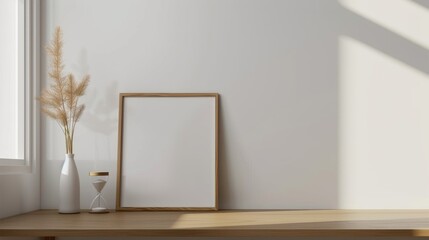 A minimalist home office with white walls and a wooden desk. The desk features a blank picture frame and a small clock. Bright