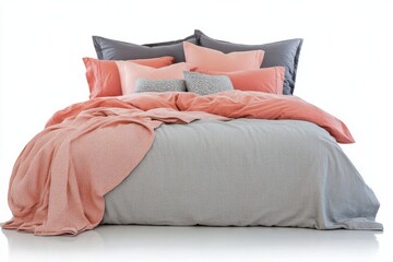 Modern bedding with grey duvet and coral accent pillows isolated on a white background