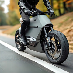 Naklejka premium Close-up of an electric bike rider and an electric bike (scooter) riding on the road,