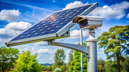 Modern solar panel with built-in security camera mounted on a pole, ideal for monitoring outdoor spaces such as parking lots, farms, or construction sites.