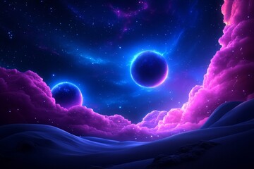 Cosmic Dual Planets in a Stellar Background, Striking Pink and Blue Clouds, Perfect for Imaginative Wall Art, Ideal for Astrophysics Lovers. Generative AI