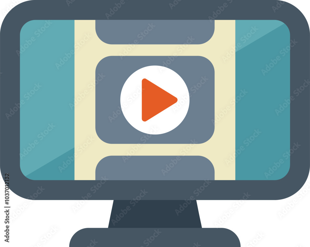 Poster desktop computer is displaying a video player interface with a play button, representing online vide