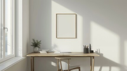 A minimalist home office with white walls and a wooden desk. The desk features a blank picture frame and a single elegant clock. Bright