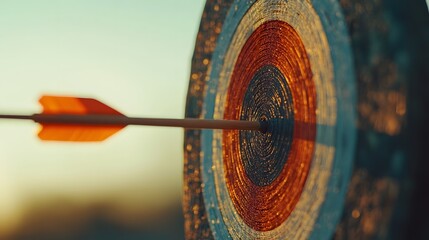 Archery target with arrows at the bullseye under a blue sky during golden hour, emphasizing precision and vibrant colors in an outdoor sport setting.