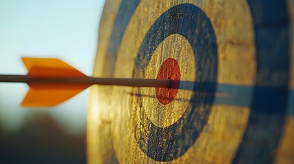 Archery target with arrows at the bullseye under a blue sky during golden hour, emphasizing precision and vibrant colors in an outdoor sport setting.