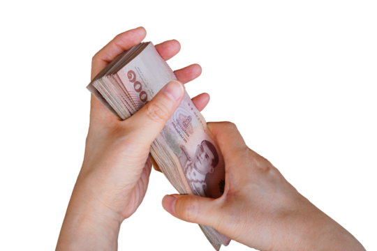 hands hold pile of 1000 Baht Thai banknotes ,selective focus represent the wealth concept of thai economy