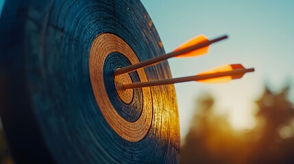 Archery target with arrows at the bullseye under a blue sky during golden hour, emphasizing precision and vibrant colors in an outdoor sport setting.