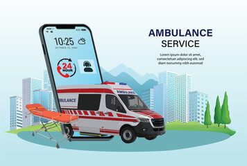 icon logo sign Ambulance emergency service online on mobile application with ambulance car and stretcher. On call 24 Hr. Healthcare and medical. Digital health concept. 3D vector illustration © De