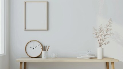 A minimalist home office with white walls and a wooden desk. The desk features a blank picture frame and a small pen holder. Gentle
