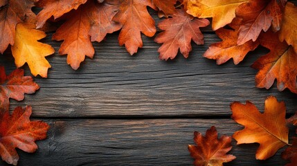 Obraz premium A rustic wooden surface adorned with vibrant autumn leaves.