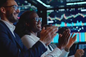 A diverse team of investment bankers celebrates success and collaboration in a modern financial office during a busy workday