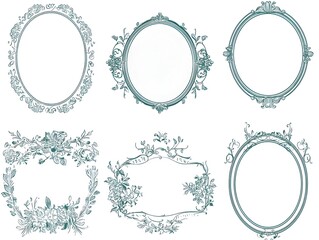 Delicate Oval Line Frames with Floral Accents for Romantic Vintage Invitations and Projects
