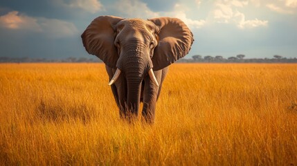 Fototapeta premium Majestic Elephant Roaming Through Golden Grasslands Under Dramatic Skies: A Captivating Wildlife Encounter in the Heart of Nature's Serengeti.