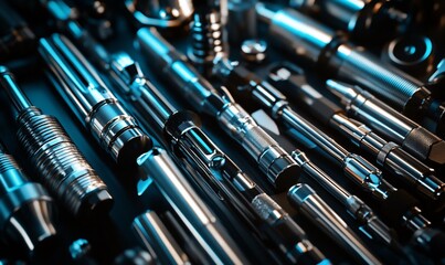 A close-up shot of various metal tools lying on a black surface with a blue light reflecting off their surfaces.