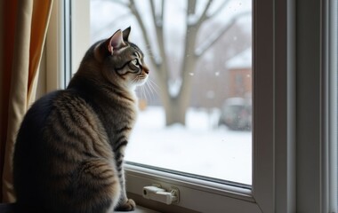 A British Shorthair watching birds outside a large bay window