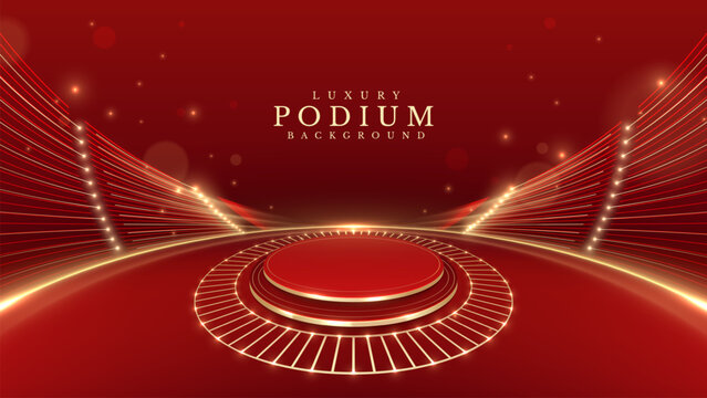 Golden empty podium on red background decorated with glittering lights and bokeh, stage design concept for product show or awards ceremony in elegant style.