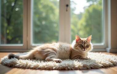 A LaPerm cat lying on a plush rug in front of a large floor-to-ceiling window