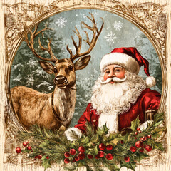 Santa claus with reindeer. Vintage Christmas card. 
