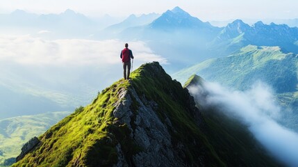 Conquering New Heights: A Solitary Figure Embraces Nature's Majesty on the Summit of a Mountain Amidst Breathtaking Scenery and Clouds