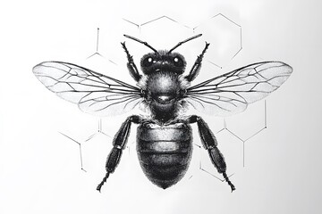 Detailed Black and White Illustration of a Bee with a Honeycomb Outline