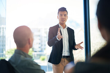 Meeting, presentation and man in office with ideas, collaboration and planning growth proposal....