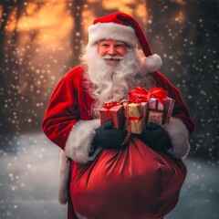 santa claus with gift box, Father Christmas giving presents to kids