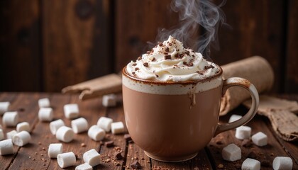 Steaming mug of hot chocolate with marshmallows on rustic wooden table with festive decorations
