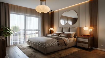 A minimalist loft-style Scandinavian bedroom with a double bed, a sleek headboard