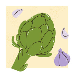 Modern trending illustration of artichoke with garlic. Food illustration Artichoke flower edible buds. French artichoke, globe artichoke  cynara cardunculus flower bud, healthy veggie greens