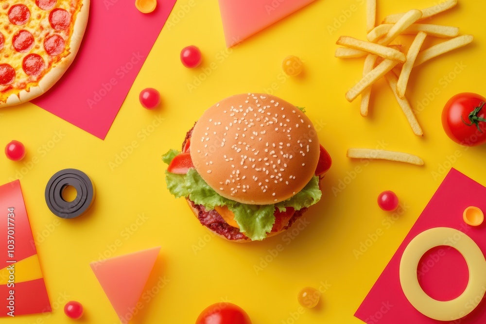 Poster colorful abstractions of fast food items such as burgers, pizza, and fries create a vibrant and play