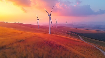 Obraz premium Wind turbines stand tall in a field of golden grass at sunset, with a winding road snaking through the landscape.